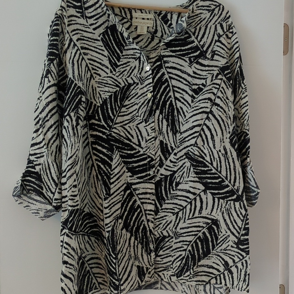 Cynthia Rowley Linen Button Down Tunic Shirt Coastal Grandma Breathable Sz 1X